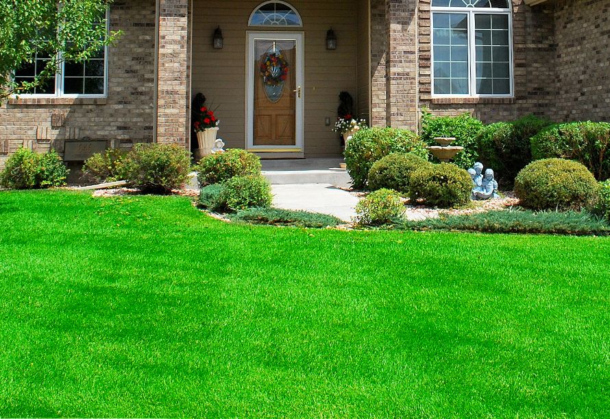 front door of a luxury house with a healthy green lawn in front of it